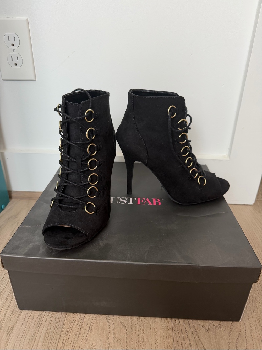 JustFab Black Lace-Up Peep Toe Ankle Heels